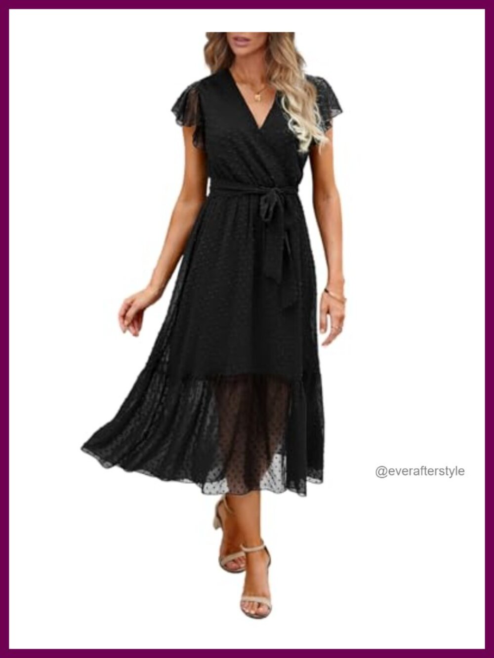 V Neck Ruffle Sleeve Belted Midi Dress Soft Polyester Summer Boho